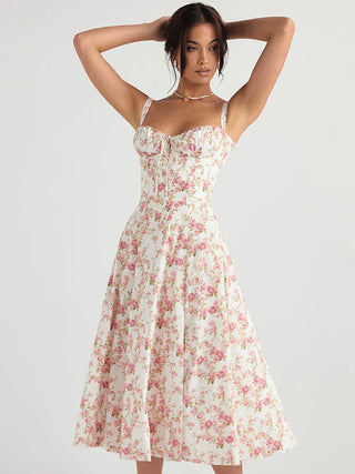Floral Lace-Up Midi Dress